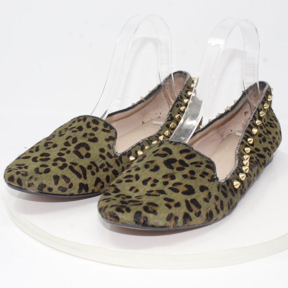 Zara Women Sz 10.5M Pony Hair Leather Green Leopard Print Studded Ballet Flats - Picture 5 of 9